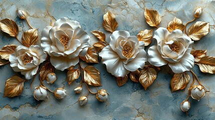 Fototapeta premium Elegant floral relief featuring white roses and golden leaves on a textured background.