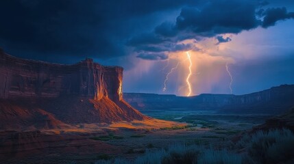 Fototapeta premium Dramatic desert landscape with lightning striking. Perfect for illustrating power, nature, or the American Southwest.