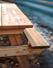 Fototapeta premium Rustic charm of freshly built pine picnic table in golden hour light