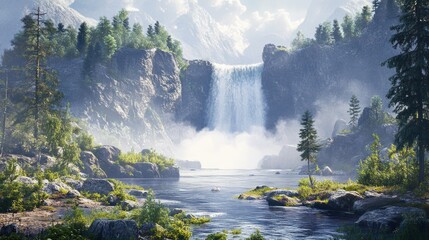Majestic waterfall cascading into river valley, mountain backdrop, serene nature scene