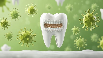 A group of bacteria attacks the teeth and cavities full of bacteria, cavities damage the tooth layer. This composition emphasizes the importance of maintaining dental health