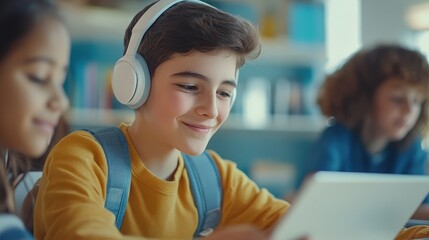 Smiling Student Boy Using Tablet in Classroom