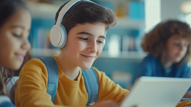 Smiling Student Boy Using Tablet in Classroom