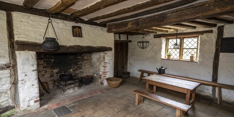 Rustic interior of a historical cottage showcasing traditional features and furnishings