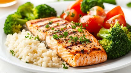 Grilled Salmon with Couscous, Broccoli, and Tomatoes: A Healthy and Delicious Meal