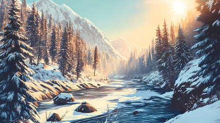 A scenic view of a snow-covered river flowing through a canyon with tall pine trees lining the banks. the sun shines brightly, creating a magical winter wonderland. Frosty Canyon. Illustration