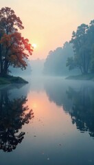 Fototapeta premium Gentle morning fog over water , watery landscape, atmospheric conditions
