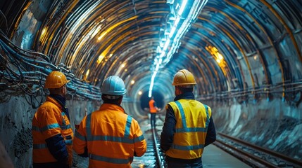 Three construction workers in safety gear observe a well-lit tunnel, with vibrant blue lights illuminating the space and showcasing intricate electrical wiring.
