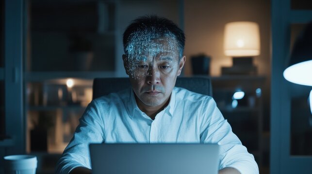 Digital Mind: Man Working Late on Laptop with Futuristic Overlay