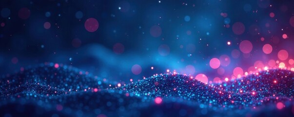 Obraz premium Glittering dark blue frame with starry night sky bokeh and neon lights , magic, neon, sparkle