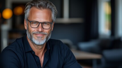 A Joyful Man with Beard and Glasses Enjoying Modern Business Technology While Sitting at a Table in a Contemporary Office Setting