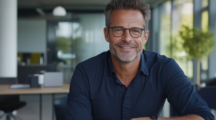 Obraz premium A Joyful Professional in a Modern Office Setting Wearing Glasses While Engaging in Business Technology Discussions at the Table
