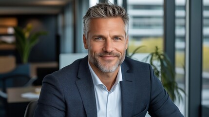 Fototapeta premium A Confident Businessman in a Suit Sitting at a Table in a Modern Office Embracing Business Technology for Success and Happiness