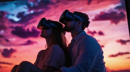 A couple enjoying a virtual reality date night experience in a romantic virtual setting, VR date night theme, Romantic style