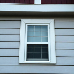 Fototapeta premium White Double Hung Window on Grey House Exterior. Modern Home Design, Real Estate Photography