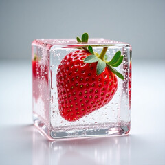 Close-up fresa dentro de un cubito de hielo