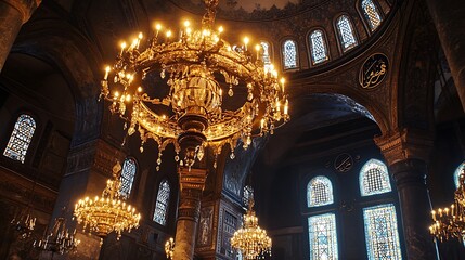 Obraz premium Magnificent Chandeliers Illuminating the Interior of a Mosque