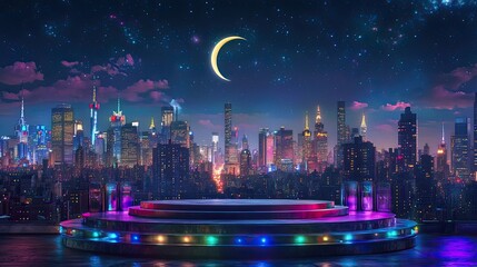 Obraz premium Night Cityscape under Crescent Moon