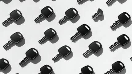 Black keys pattern on white background with shadows, security concept