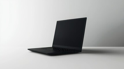 Black laptop on white table, blank screen, minimal background, for mockups