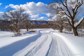 Obraz premium Snowy Winter Road Through Scenic Forest Landscape with Blue Sky and Fluffy Clouds