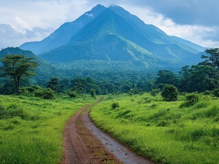 Fototapeta premium Majestic Mountain Scenery with a Winding Dirt Path Through a Green Meadow Landscape