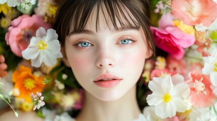 Young woman with striking blue eyes surrounded by a vibrant array of flowers, capturing the beauty of nature in a blossoming setting