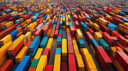 Aerial view of colorful shipping containers. Illustrates global trade, logistics, and transport.