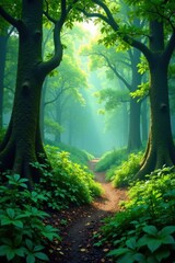 Lush forest with vibrant greenery, green, foliage