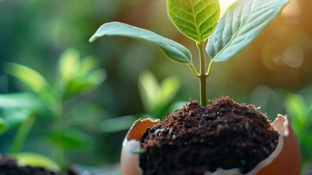 A small plant growing from an eggshell filled with soil, symbolizing sustainability, eco-friendliness, and the renewal of life for Earth Day.