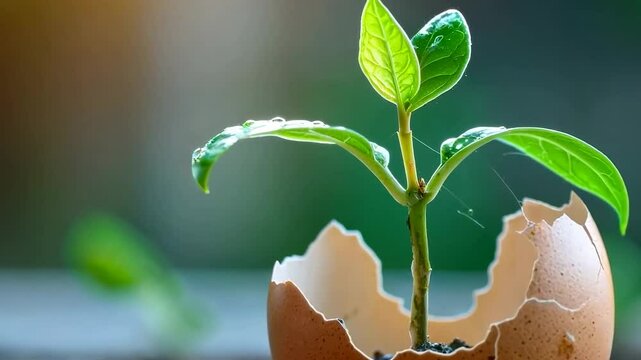 A small plant growing from an eggshell filled with soil, symbolizing sustainability, eco-friendliness, and the renewal of life for Earth Day.