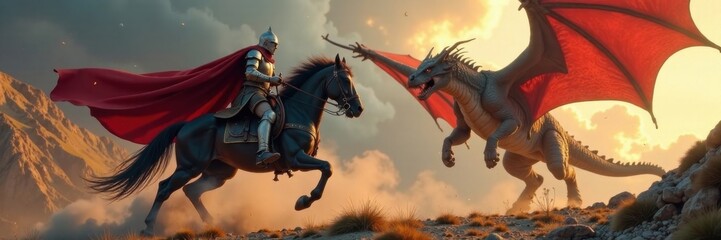 Medieval knight on horseback charging at a dragon, armor, charge