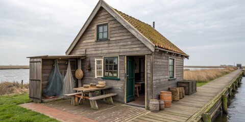 Charming wooden house by the water with rustic decor in a tranquil setting during overcast weather