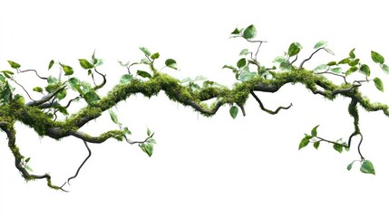 Twisted wild liana messy jungle vines plant with moss, lichen and wild climbing orchid leaves isolated on white background isolated on white background,. Created using Generative AI Technology