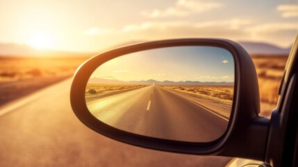 Driving along a wide-open road at sunset with a scenic view in the side mirror