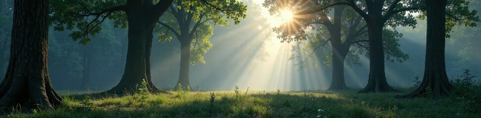 Misty morning in the woods with towering trees, trees, forest, woods