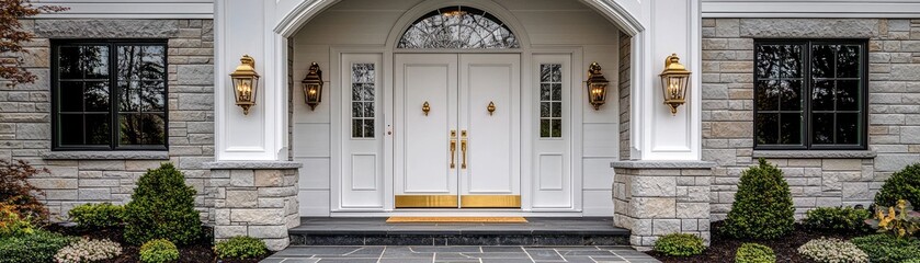 Elegant Entrance of Luxurious Home with Stylish Doors and Lanterns