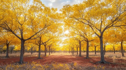 Beautiful Autumn Landscape with Golden Trees Under Soft Sunlight