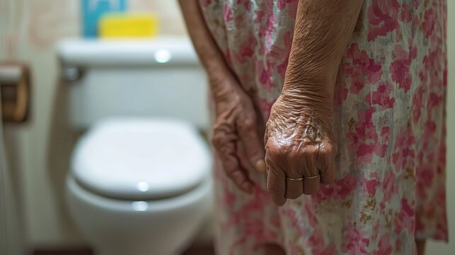 Close-up of elderly woman's hands near toilet. Illustrates aging, health, and bathroom needs.