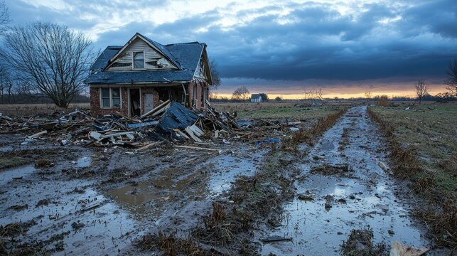 Tornado Aftermath Scene with Collapsed House in Rural Area