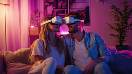 A couple enjoying a virtual reality date night experience in a romantic virtual setting, VR date night theme, Romantic style