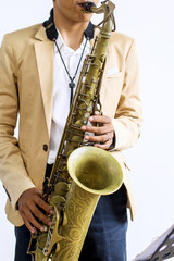 Portrait Close-up of Saxophonist Playing Saxo 