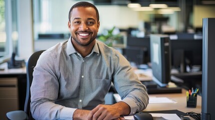 Obraz premium Man in Business Casual Attire Sitting at Desk
