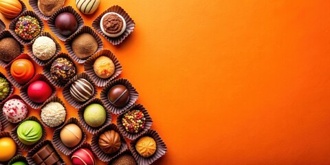 A delightful assortment of gourmet chocolates arranged on a vibrant orange background, perfect for a celebratory occasion or a decadent treat.