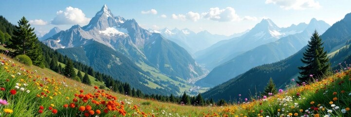 Fototapeta premium Postcard with scenic mountain landscape, valley, peak, mountain
