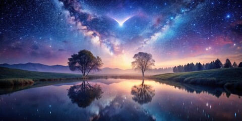 Fototapeta premium Serene Night Landscape Two Majestic Trees Mirrored in a Calm Lake Under a Starry Sky, Illuminated by the Celestial Glow of a Galaxy