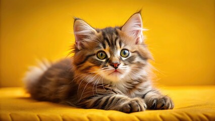 Adorable Kitten on Bright Yellow Studio Background, Perfect for Pet Lovers and Cat Enthusiasts, High Depth of Field Photography, Fluffy Feline, Playful and Cute, Ideal for Stock Images