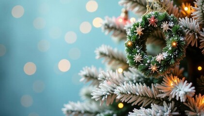 Sparkling garlands on white Christmas tree with snowflakes, , Wreath On Tree, Garlands On Tree