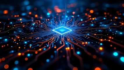 Fototapeta premium Abstract digital network circuit board background banner with glowing light and connecting data dots in blue and black colors. Big data technology concept.