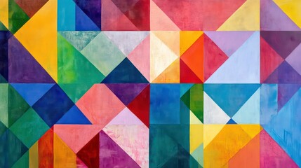 Vibrant Geometric Mosaic of Interlocking Colorful Triangles and Stripes